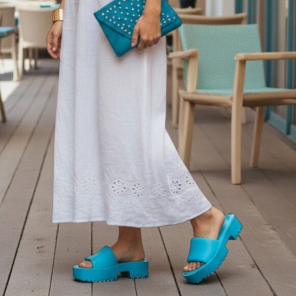 JEFFREY CAMPBELL Bae Platform Sandals 40 9 Bright Blue Chunky Rubber Slides - Picture 16 of 16